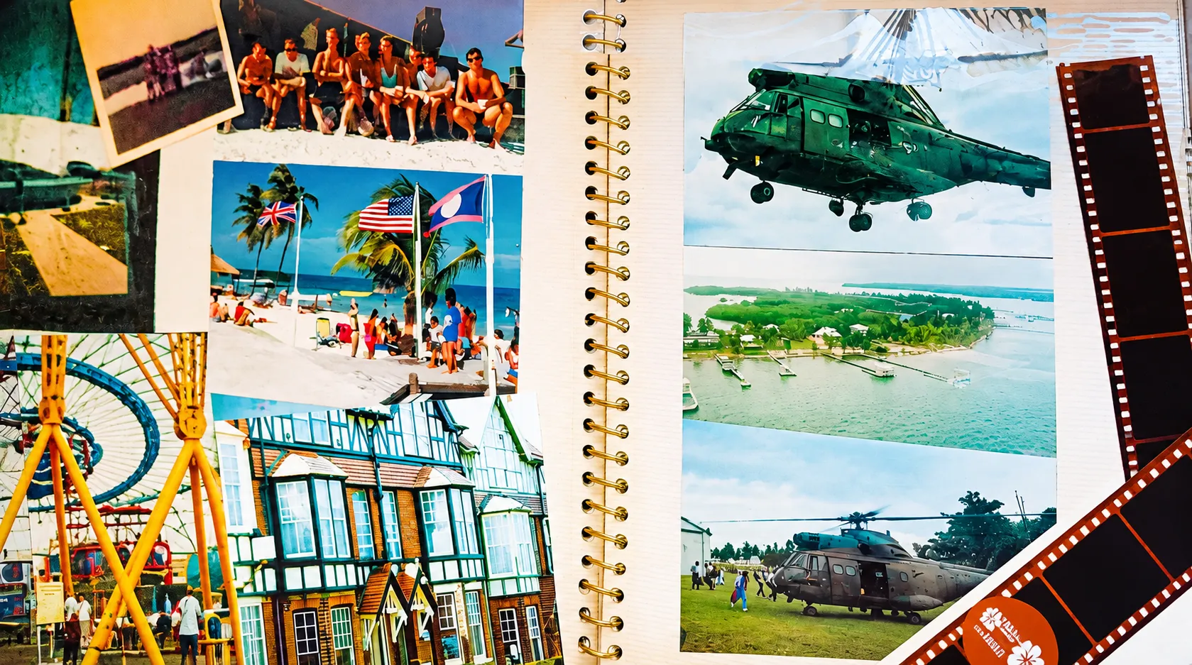 Spiral-bound photo album spread featuring London Millennium Dome in 2001/2, family print in Wales, RAF Puma helicopter in Belize Central America, Cromer Norfolk England UK architecture, and 35mm film negatives | MarkOWiHu Photographer