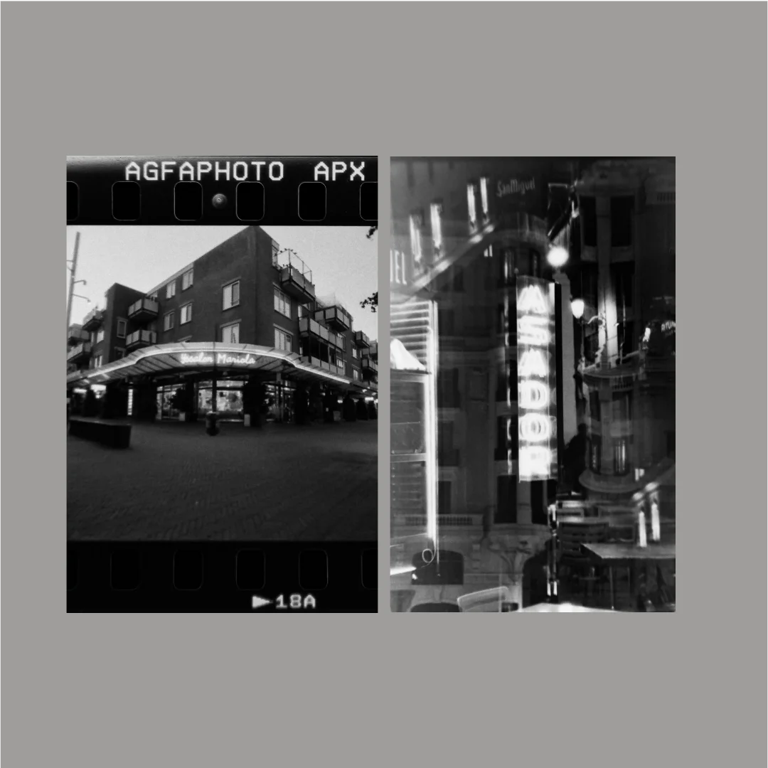 Two B&W 35mm film frame scans by Lev K. showing uncropped AgfaPhoto APX 400 sprocket rebate and ASADOR night neon reflection