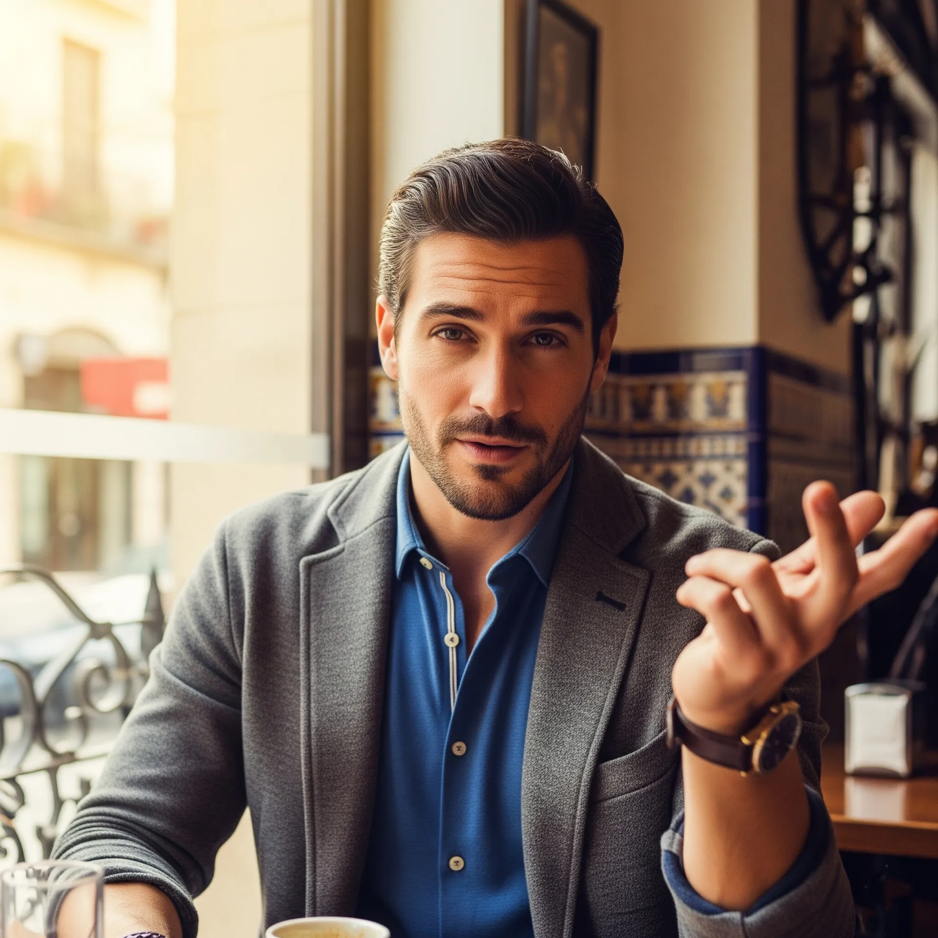 Hombre gesticulando en una cafetería reflexionando sobre una conversación | La perla condescendiente | MarkOWiHu Fotógrafo