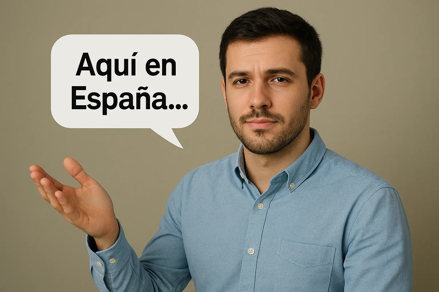 Hombre con camisa azul gesticulando junto a un bocadillo de texto que dice Aquí en España... | La perla condescendiente | MarkOWiHu Fotógrafo