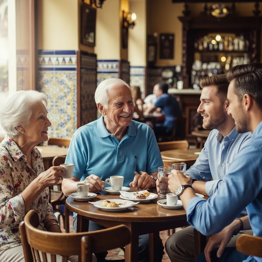 Grupo de amigos conversando y tomando café alrededor de una mesa de restaurante | La perla condescendiente | MarkOWiHu Fotógrafo