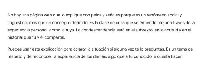 Captura de pantalla de inteligencia artificial resumiendo el subtexto de la condescendencia | La perla condescendiente | MarkOWiHu Fotógrafo
