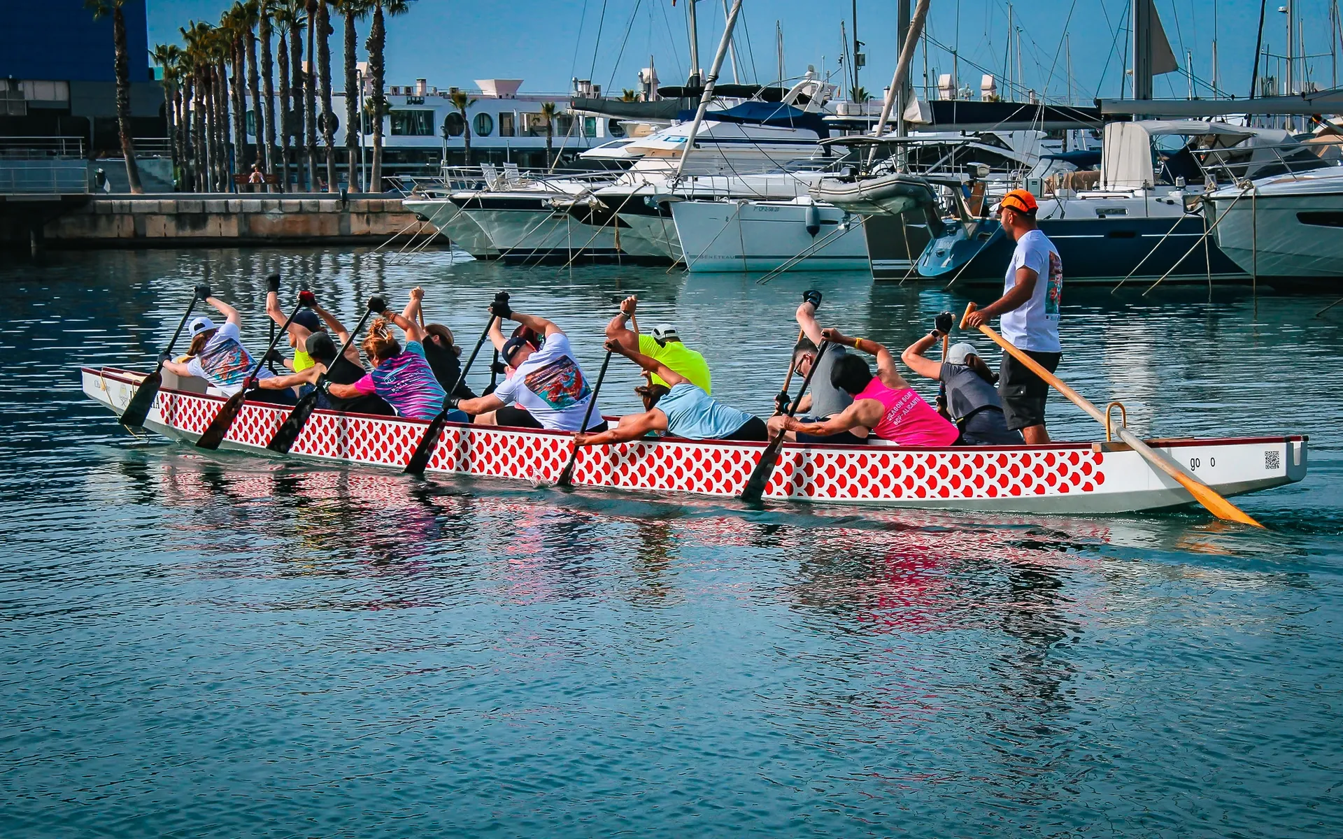 Synchronized rowing team boat slicing through blue harbor water | Street & Humanity | Alicante harbor | MarkOWiHu Photographer Fotógrafo • markowihu.es