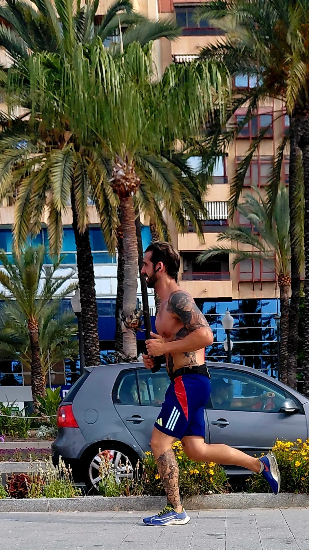 Urban runner in motion jogging along palm-lined street | Street & Humanity | Alicante province | MarkOWiHu Photographer Fotógrafo • markowihu.es